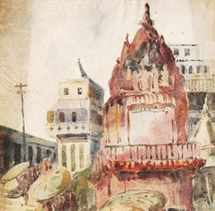 Benaras, Spiritual, Watercolor Painting, Red, Brown, Yellow, Green "In Stock"
