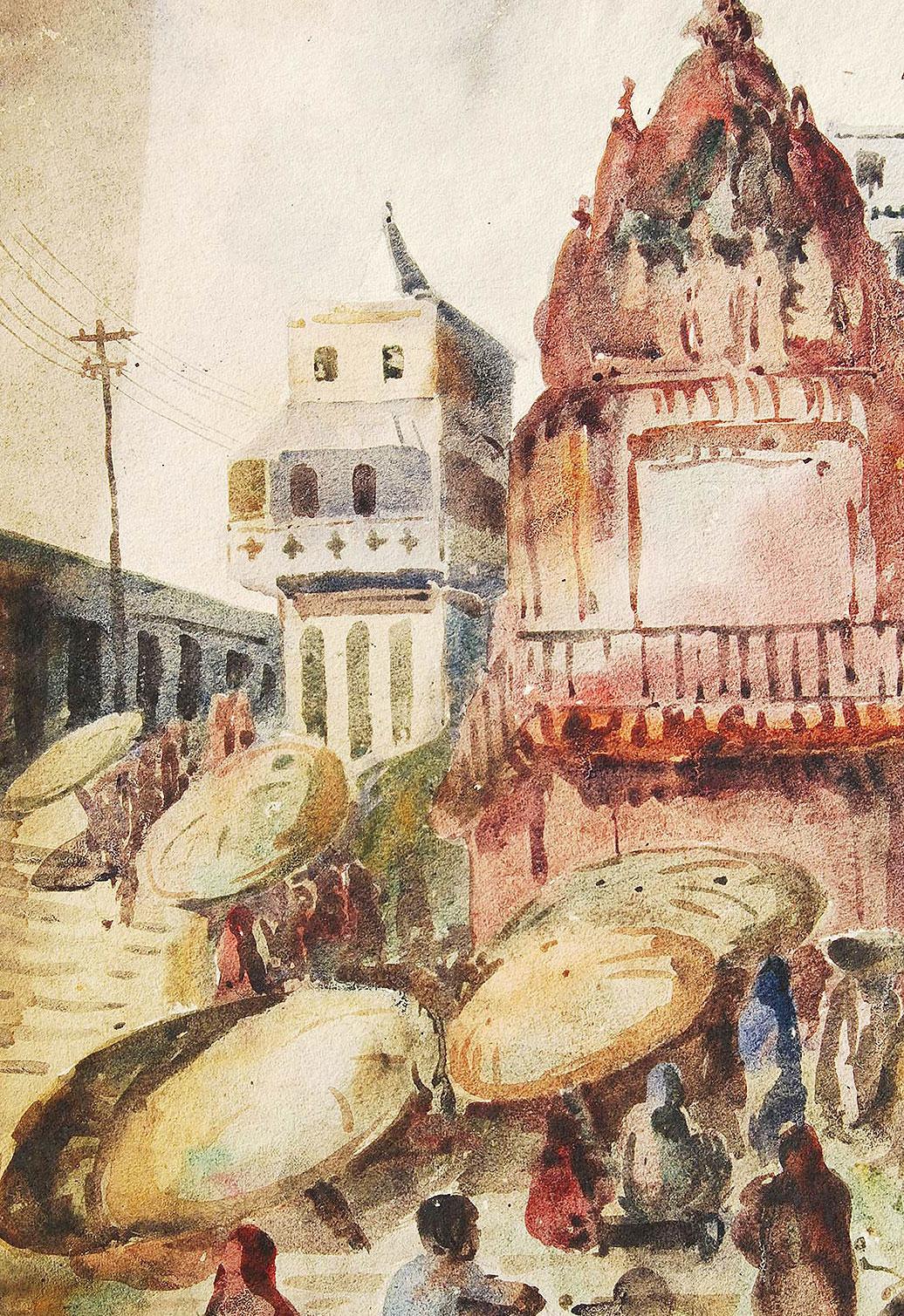 Benaras, Spiritual, Aquarellgemälde, Rot, Braun, Gelb, Grün „ “Auf Lager““ (Beige), Interior Art, von Sunil Das