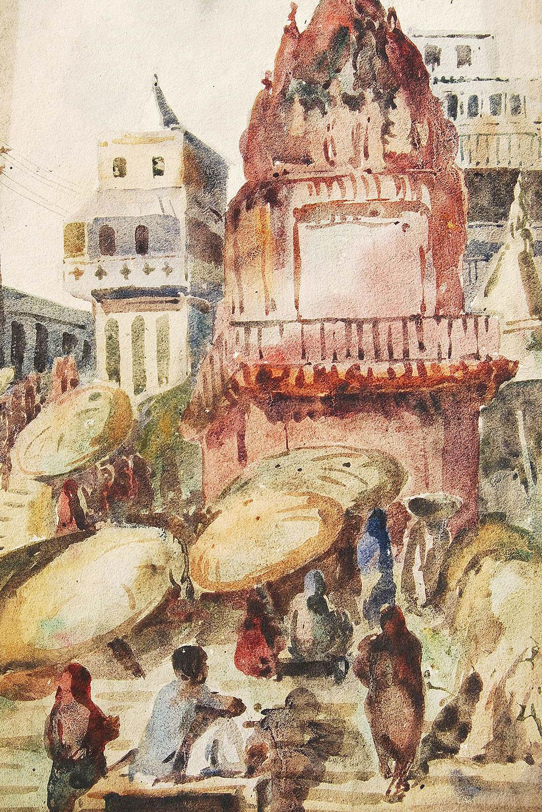 Benaras, Espiritual, Pintura Acuarela, Rojo, Marrón, Amarillo, Verde 