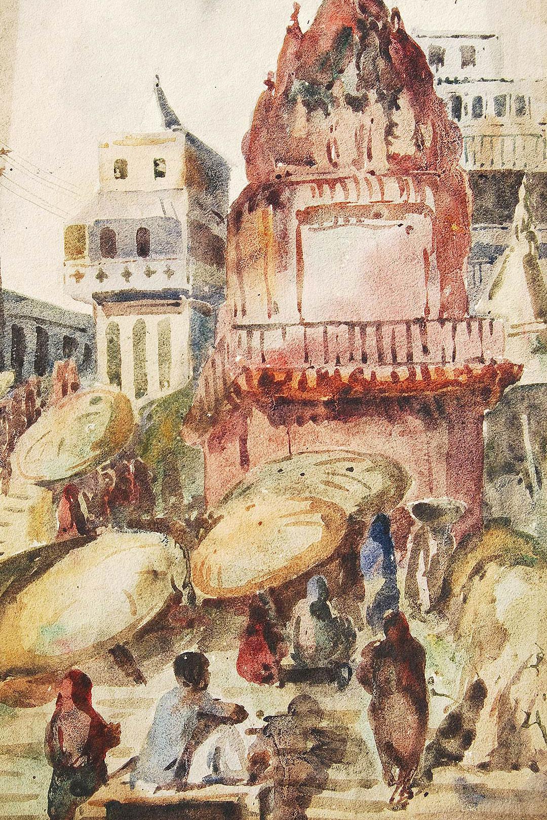 Benaras, Spiritual, Watercolor Painting, Red, Brown, Yellow, Green 