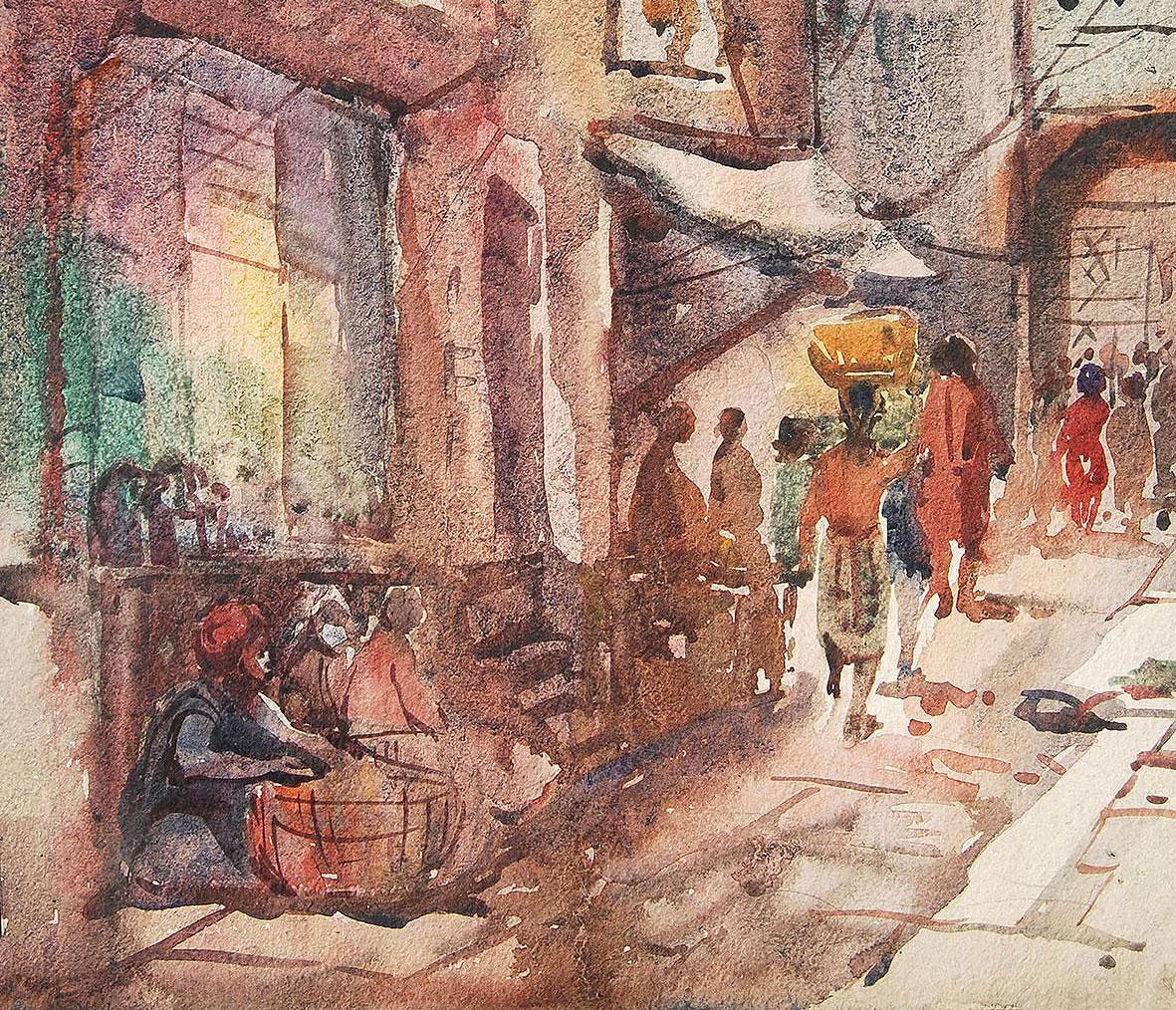 Benaras, ville sainte, peinture à l'aquarelle, rouge, Brown, Blue par Sunil Das 