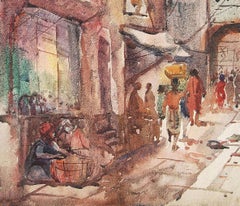 Benaras, Holy City, Watercolor Painting, Red, Brown, Blue by Sunil Das"In Stock"
