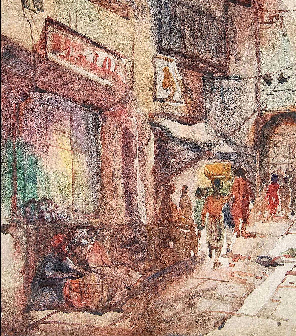 Benaras, Heilige Stadt, Aquarellgemälde, Rot, Braun, Blau von Sunil Das, „Auf Lager“ im Angebot 3