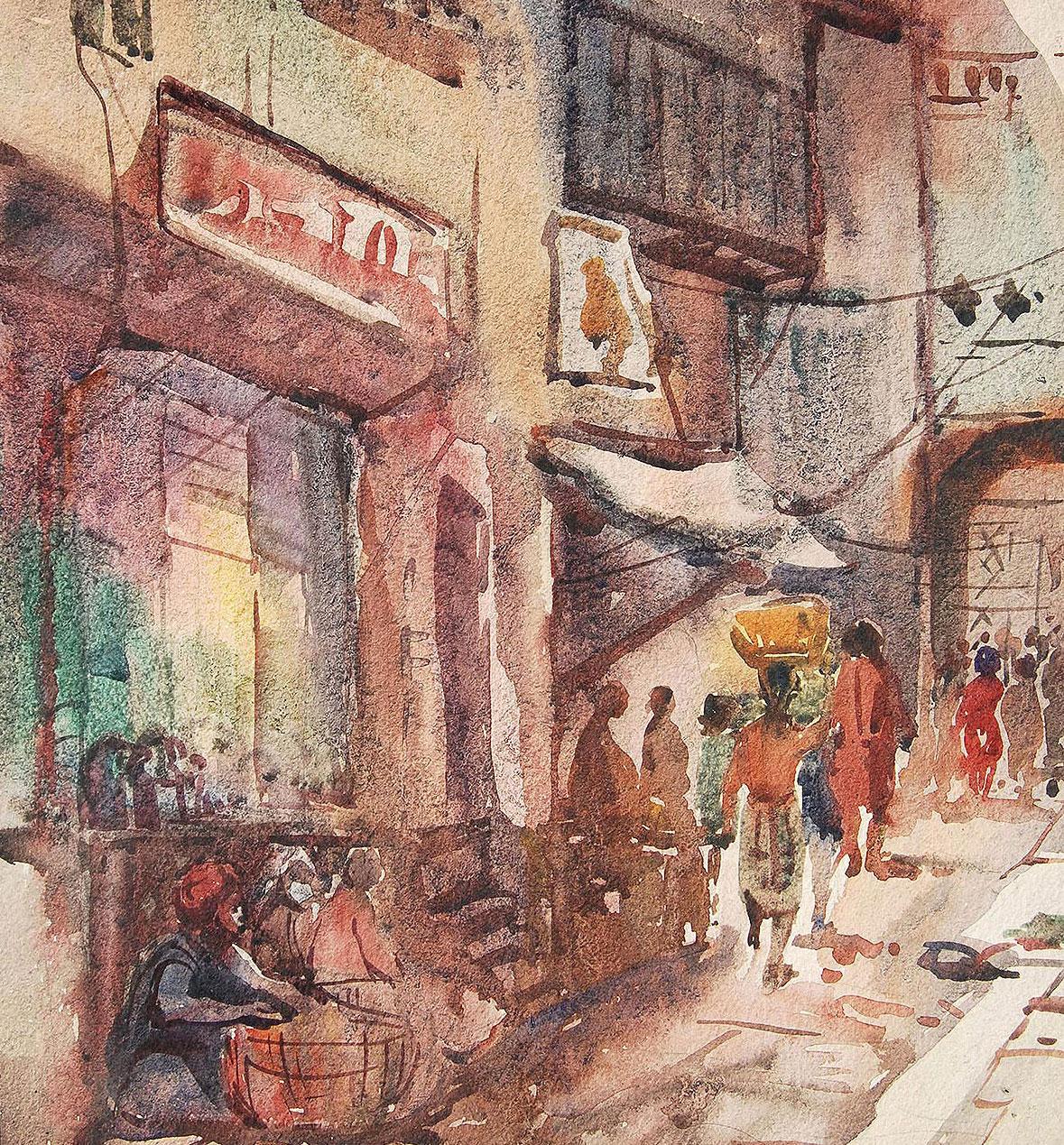 Benaras, ville sainte, peinture à l'aquarelle, rouge, Brown, Blue par Sunil Das 
