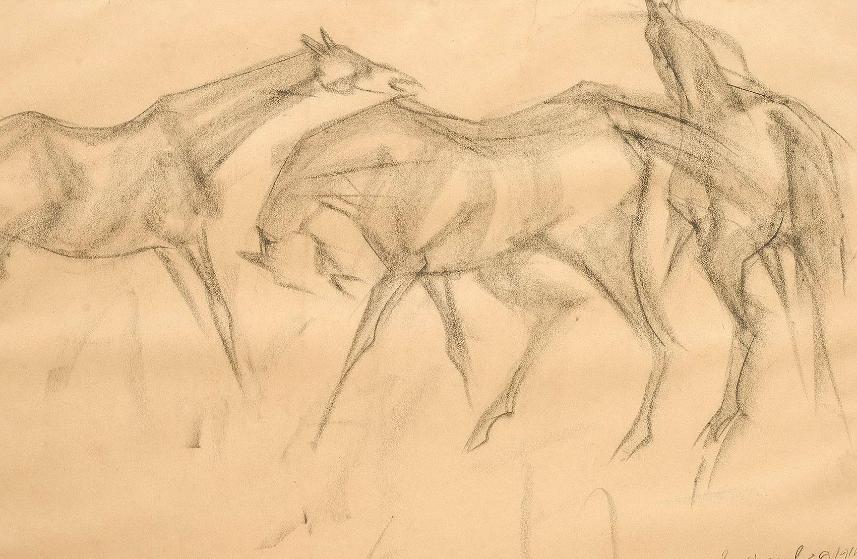 Frhe Pferde VI, Holzkohle-Zeichnung, braun, schwarz, vom indischen Knstler In Stock – Art von Sunil Das