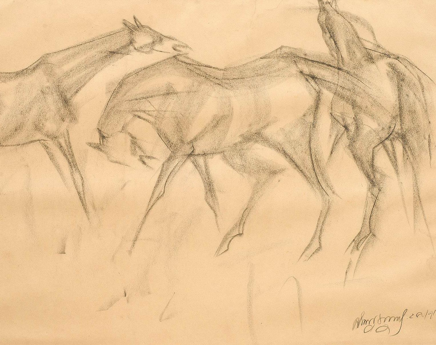Early Horses VI, Charcoal Drawing, Brown, Black by Indian Artist 