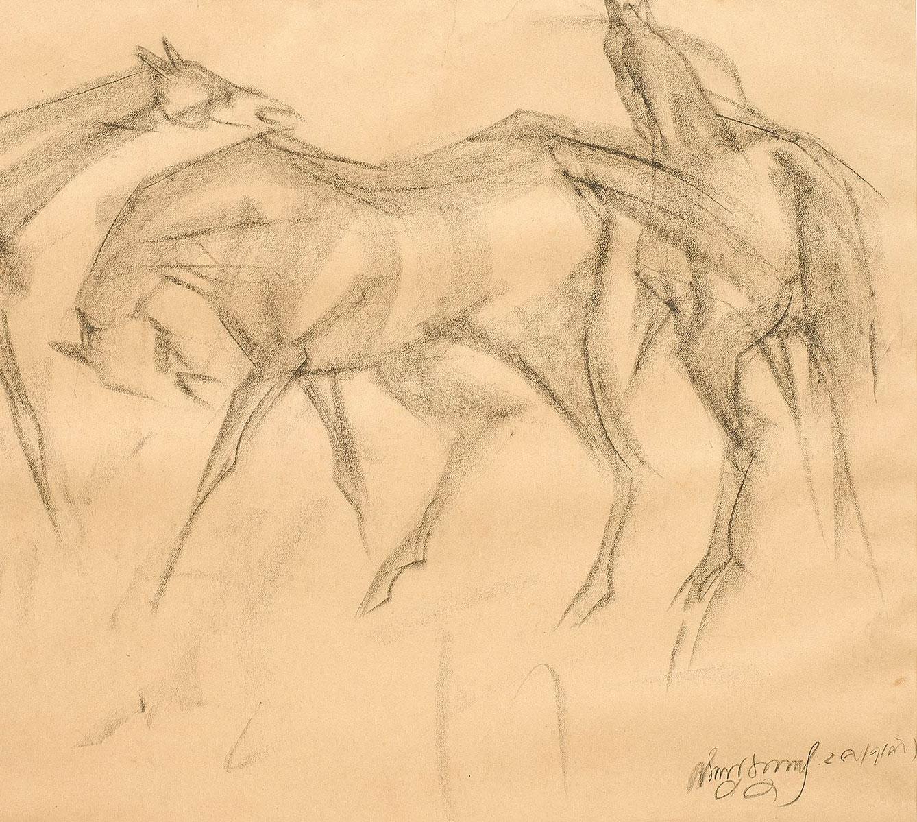 Frhe Pferde VI, Holzkohle-Zeichnung, braun, schwarz, vom indischen Knstler In Stock (Grau), Animal Art, von Sunil Das