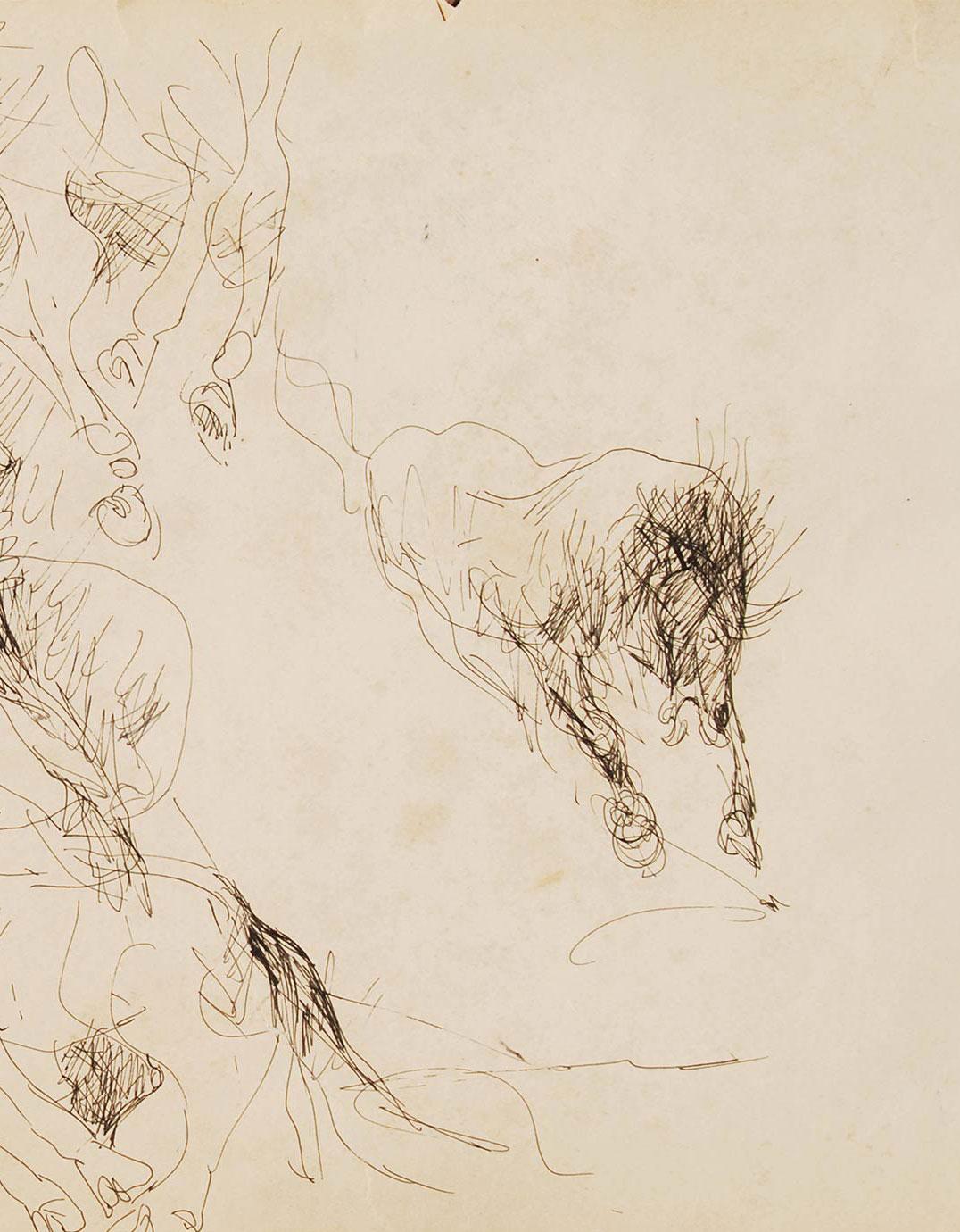 Battling of Horses, Tierzeichnung, Tinte auf Papier, Schwarz-Weiß „ “Auf Lager““ (Beige), Figurative Art, von Sunil Das