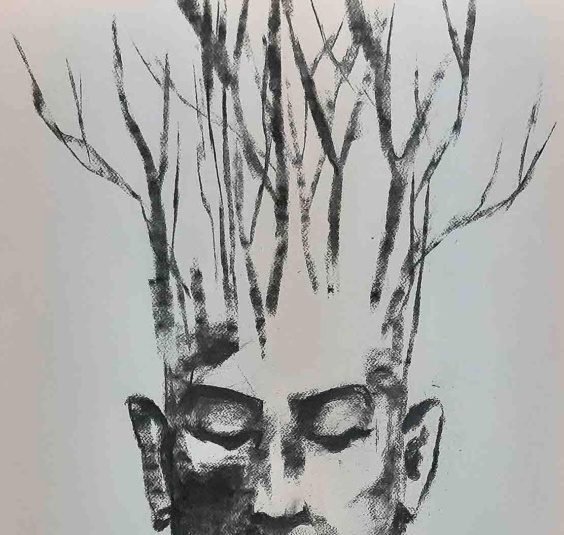 Being one with Nature II, Man in His Environment, Charcoal Drawing 'In Stock' - Contemporary Art by Debabrata Basu