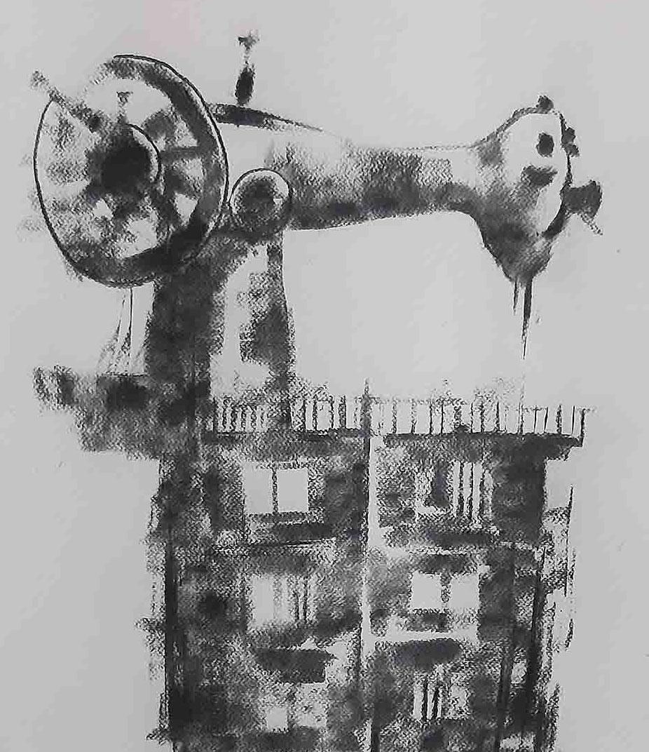 Survival I, Sewing Machine, Charcoal on Fabriano Paper, Black, White 
