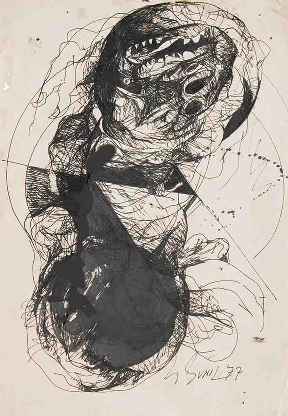 Sunil Das Figurative Art – Zeichnung, Tinte auf Papier, Schwarz-Weiß von Padma Shree Künstlerin, „Auf Lager“