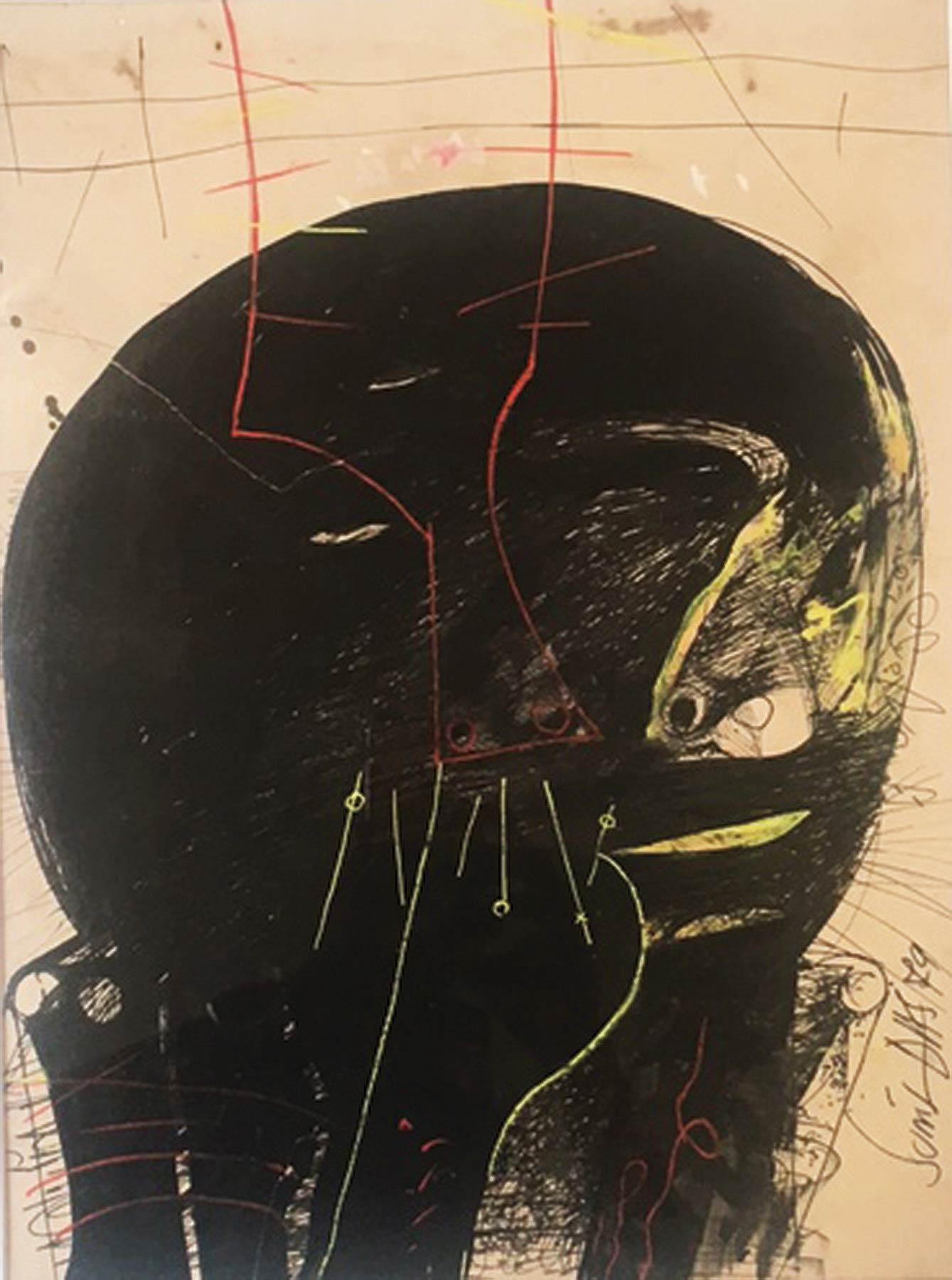 Cabeza Negra Sólida, Rostro Humano, Dibujo, Tinta y Litografía, Rojo, Verde "En Stock"