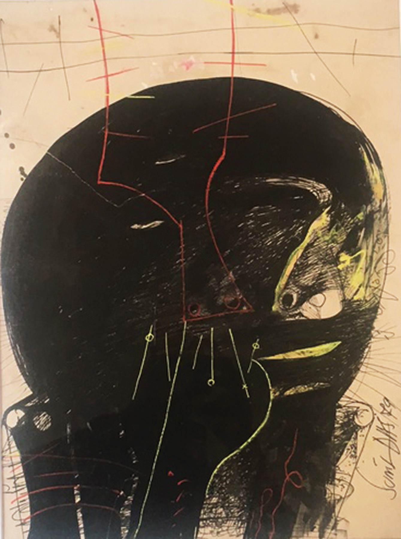 Tête noire massive, visage humain, dessin, encre et lithographie, rouge, vert « en stock »