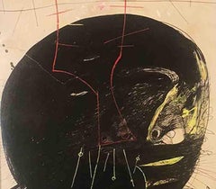 Solid Black Head, Human Face, Drawing, Ink & Lithograph, Red, Green "In Stock"