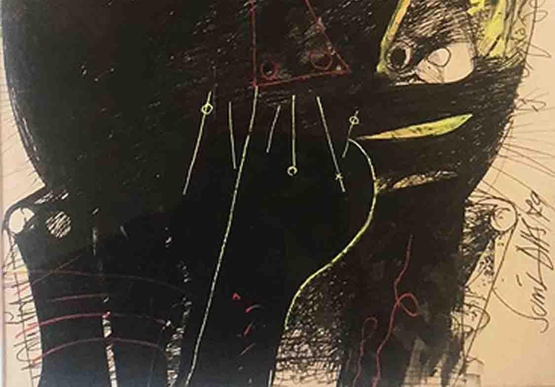 Testa nera massiccia, volto umano, disegno, inchiostro e litografia, rosso, verde 
