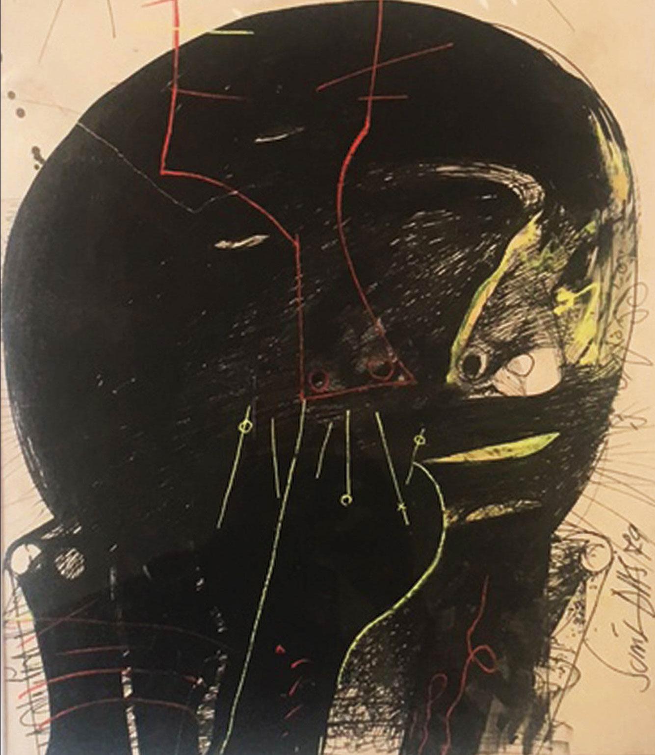 Testa nera massiccia, volto umano, disegno, inchiostro e litografia, rosso, verde 