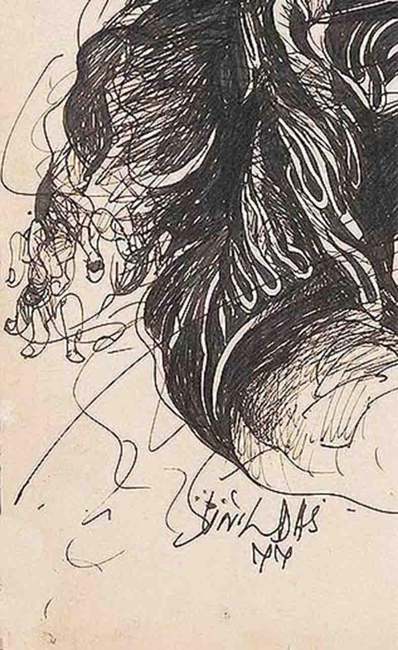 Nudefarbene Zeichnung, männliche und weibliche Körper, Tinte auf Papier, Schwarz-Weiß „“Auf Lager“ (Moderne), Art, von Sunil Das