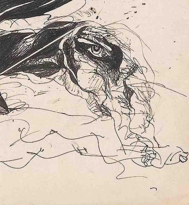 Nudefarbene Zeichnung, männliche und weibliche Körper, Tinte auf Papier, Schwarz-Weiß „“Auf Lager“ (Beige), Figurative Art, von Sunil Das