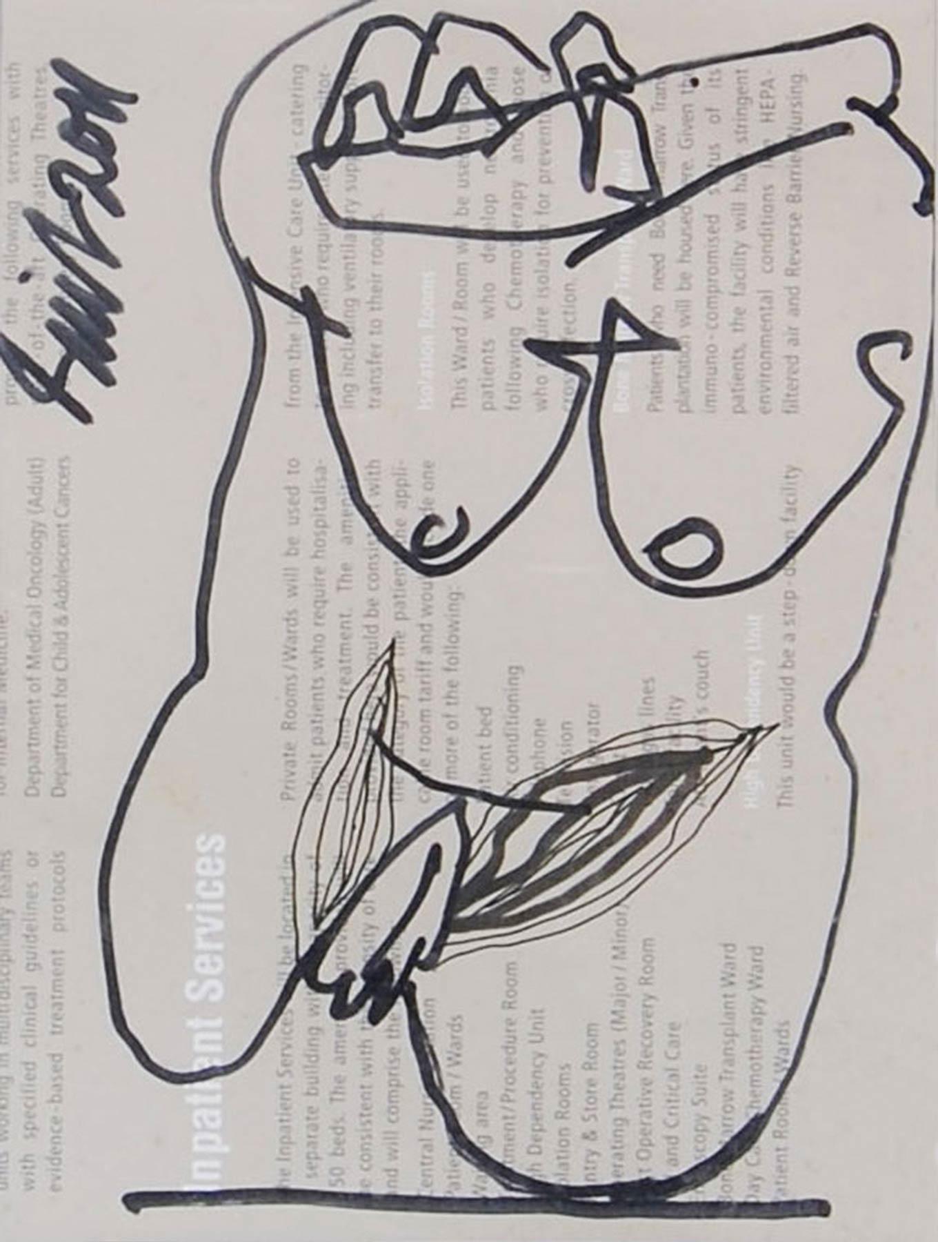 Erotic Series III, Nude Female Drawing, Ink on Magazine Paper "In Stock"