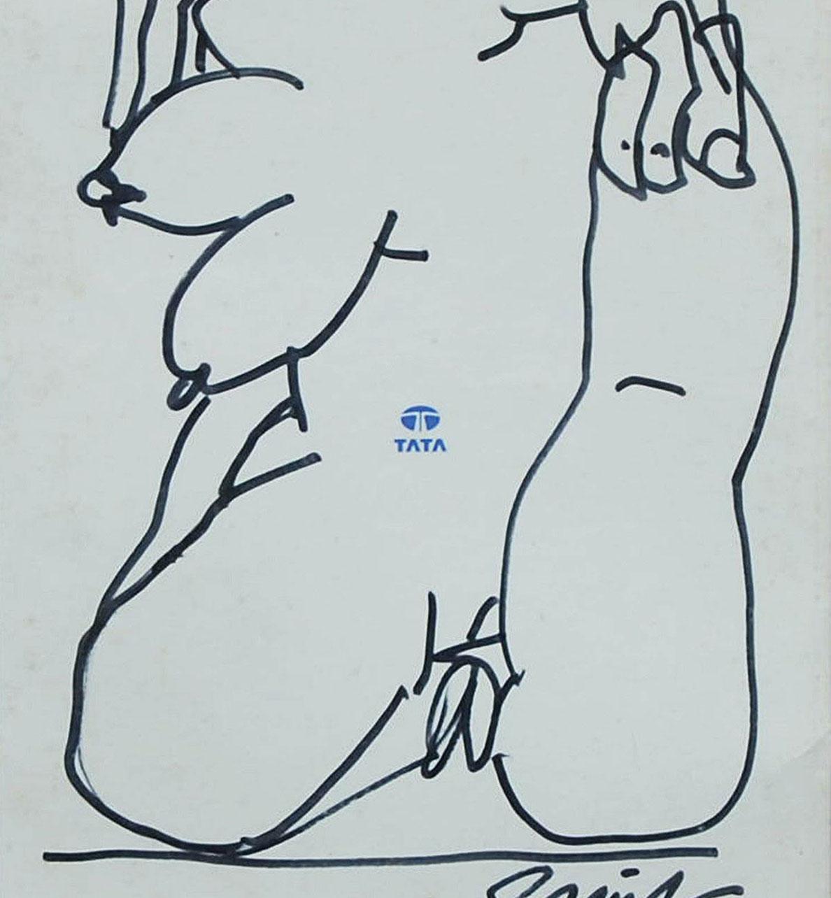 Erotic Series II, Aktzeichnung, weiblich, Tinte auf Zeitschriftenpapier „In Stock“ (Grau), Nude Painting, von Sunil Das