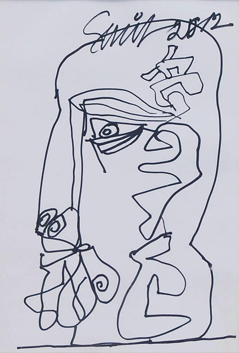 Sunil Das Figurative Art - Portrait, Japanese Face, Pen & Ink Drawing on Paper, Black & White "In Stock"
