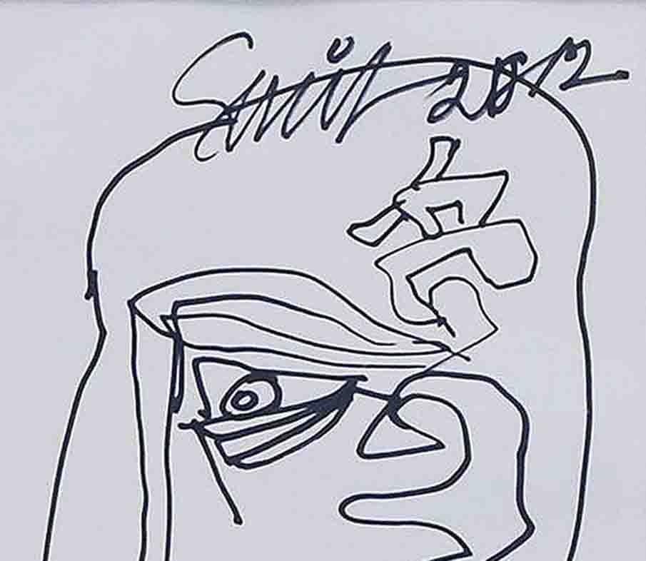 Portrait, visage japonais, dessin au stylo et à l'encre sur papier, noir et blanc, « en stock » - Moderne Art par Sunil Das