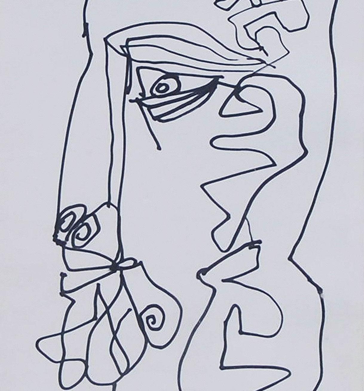 Portrait, visage japonais, dessin au stylo et à l'encre sur papier, noir et blanc, « en stock » en vente 1
