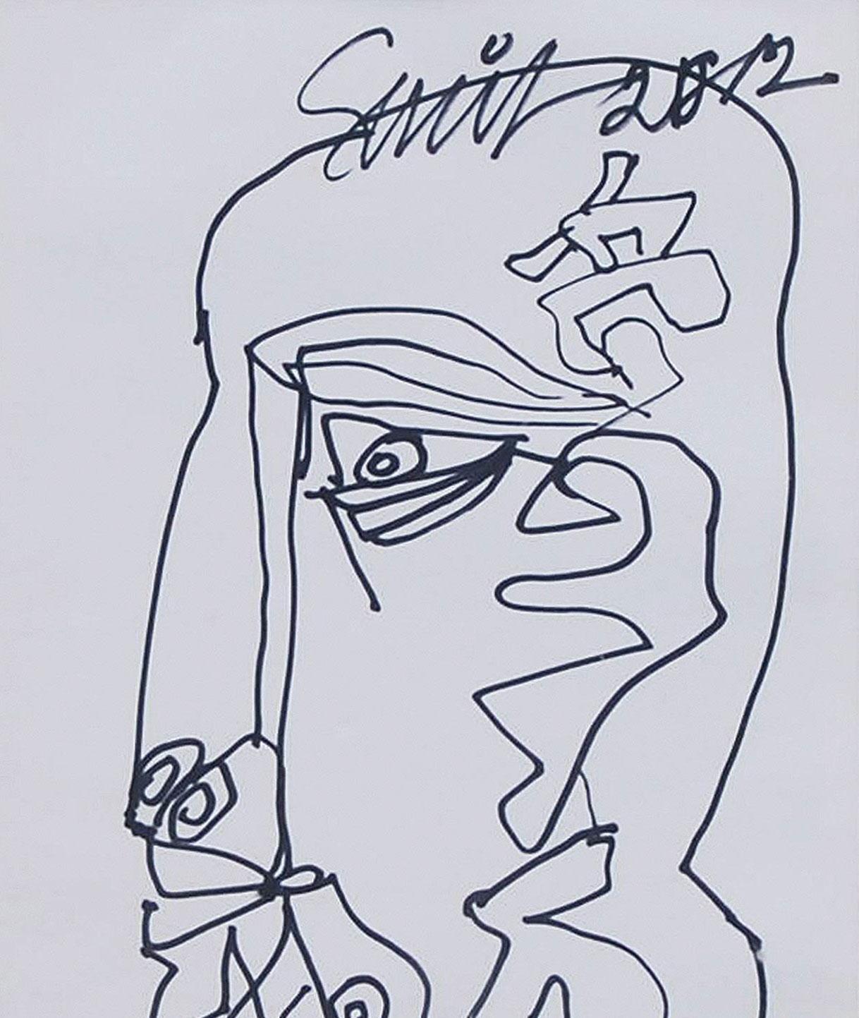 Portrait, visage japonais, dessin au stylo et à l'encre sur papier, noir et blanc, « en stock » en vente 2