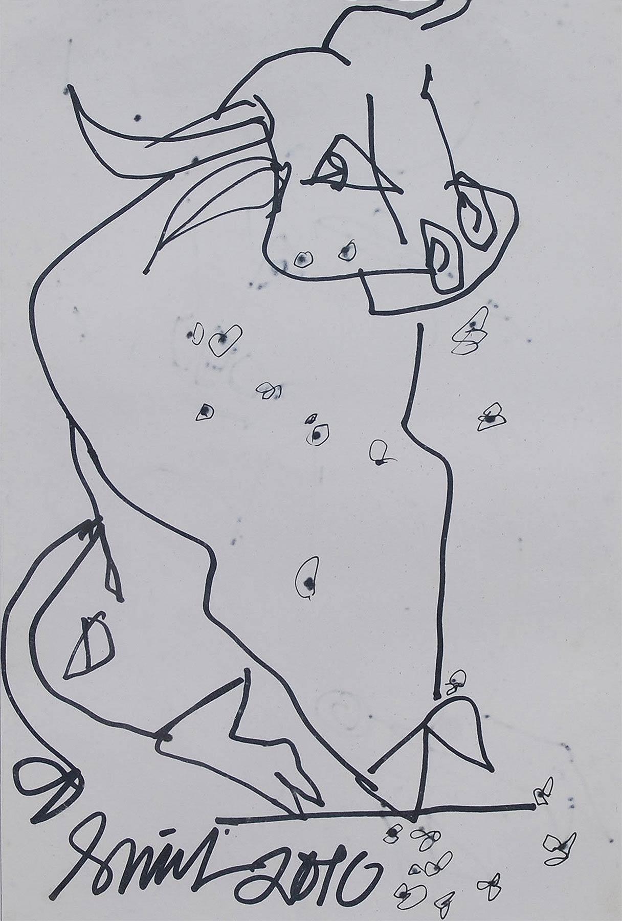 Sunil Das Animal Art - Bull, Inspired by the Spain Bull Fighting, Ink on paper, Black, White "In Stock"