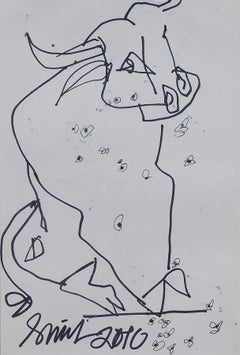 Bull, inspiré par le combat du taureau en Espagne, encre sur papier, noir, blanc « en stock »