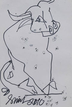 Bull, Inspiré par la corrida espagnole, Encre sur papier, Noir, Blanc "En stock"
