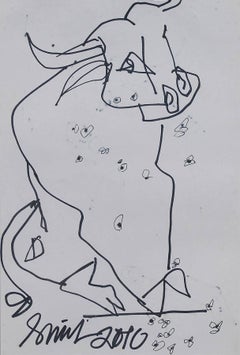 Bull, Inspired by the Spain Bull Fighting, Ink on paper, Black, White "In Stock"