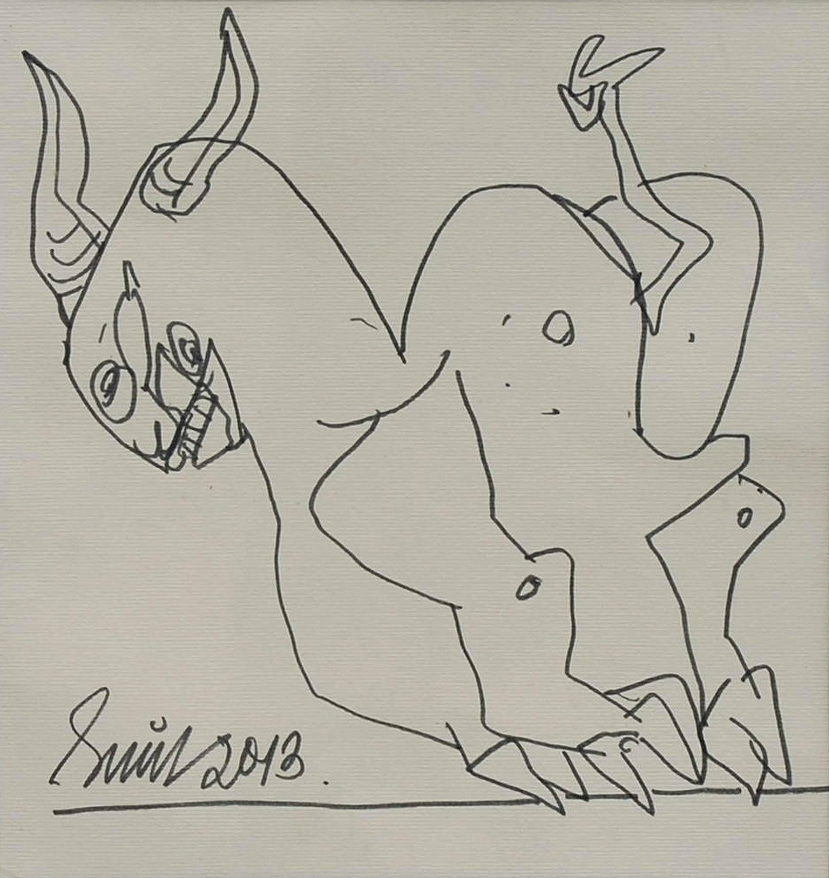 Sunil Das - Sans titre - 8 x 8.25 pouces (taille non encadrée)
Plume et encre sur papier
Expédition comprise, sous forme prête à être accrochée.

Des figures, des torses féminins en nudité frontale, une vache accroupie, un cheval et un cheval au