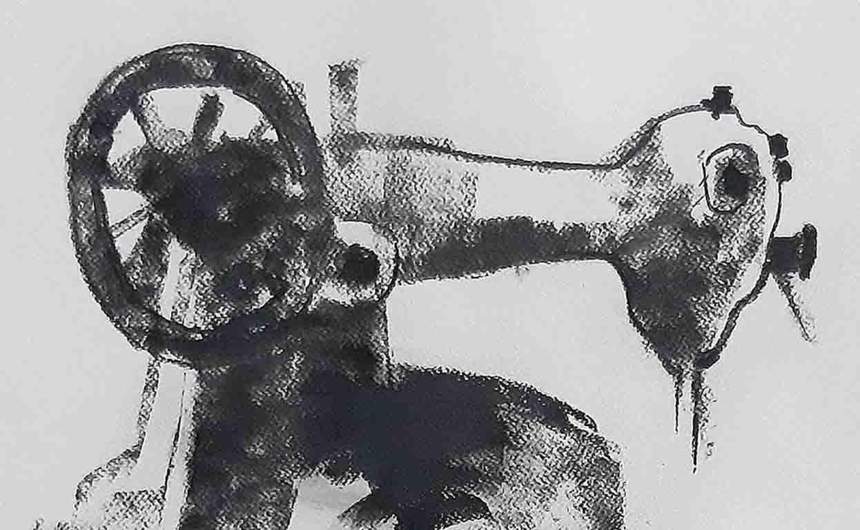 Survival III - fusain sur papier, machine à couture noir et blanc « en stock » - Art de Debabrata Basu