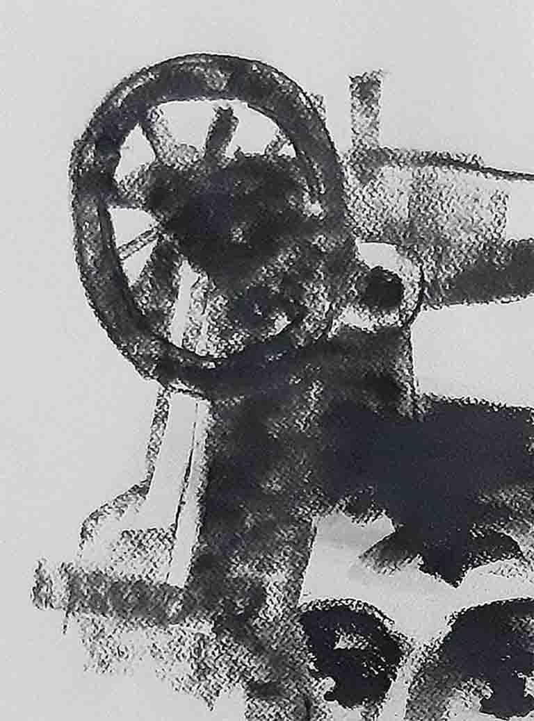 Survival III - fusain sur papier, machine à couture noir et blanc « en stock » - Gris Figurative Art par Debabrata Basu
