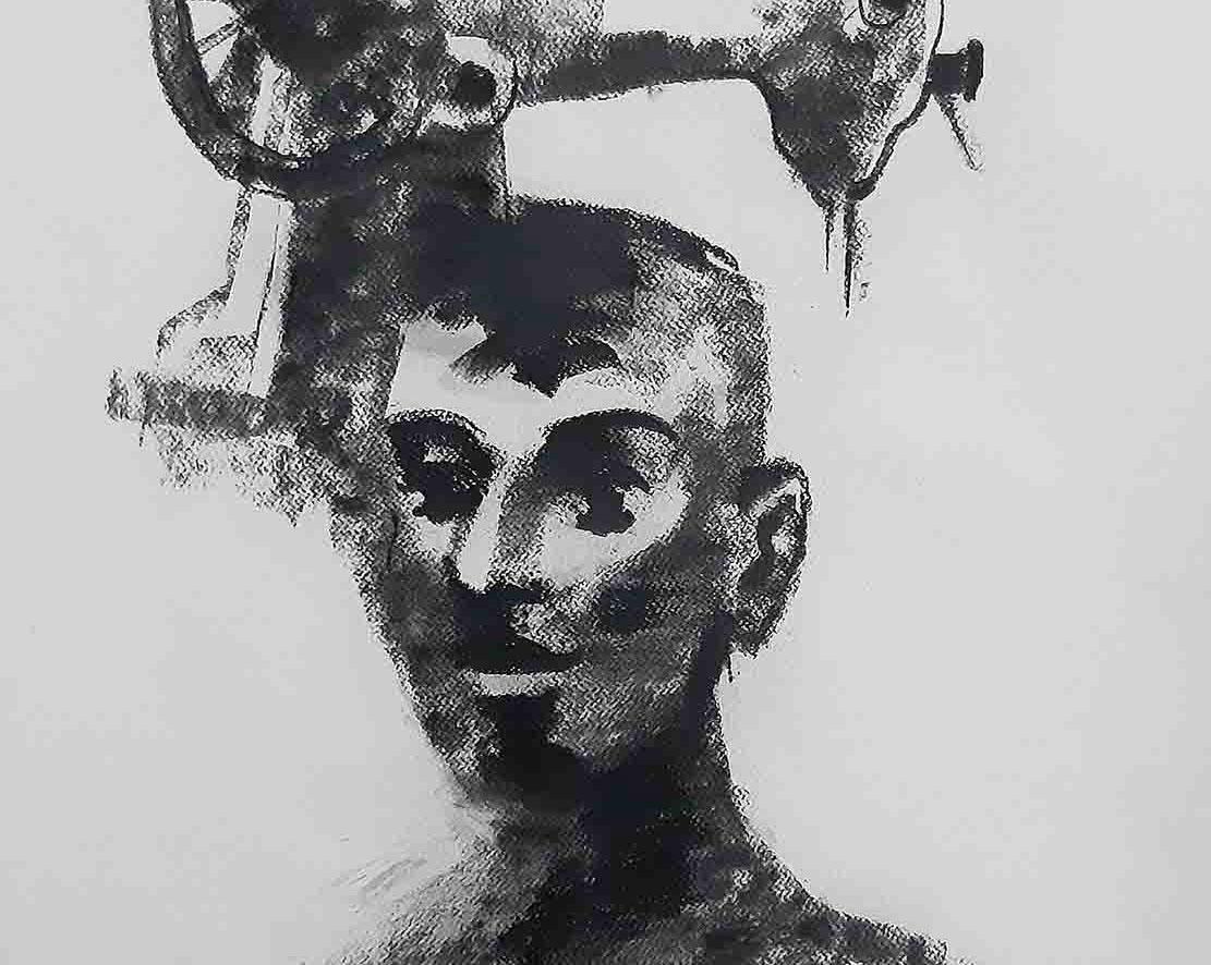 Survival III - fusain sur papier, machine à couture noir et blanc « en stock » en vente 1