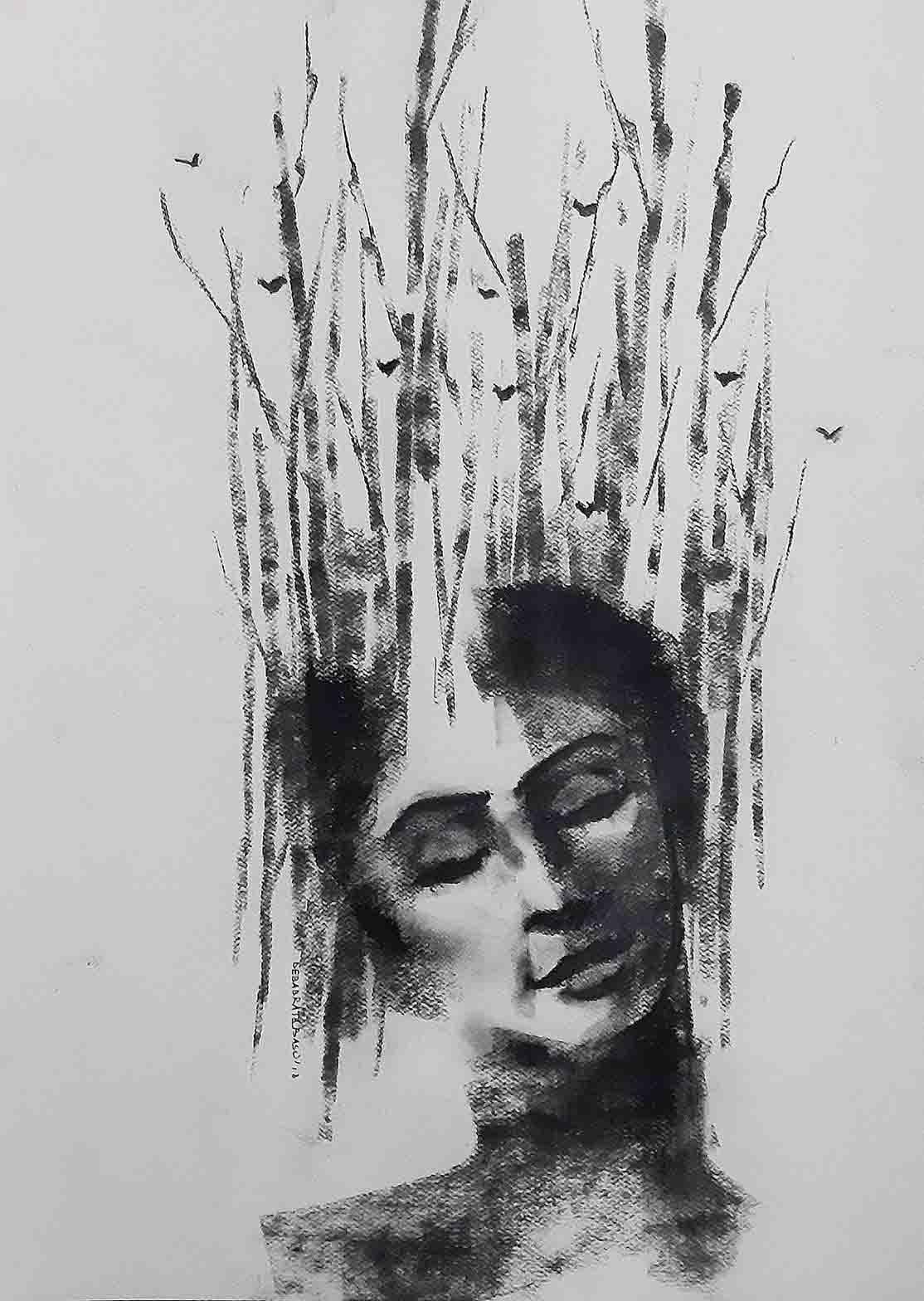 Debabrata Basu Figurative Art - Being one with Nature III, Environment Lover, Charcoal, Black & White 'In Stock'