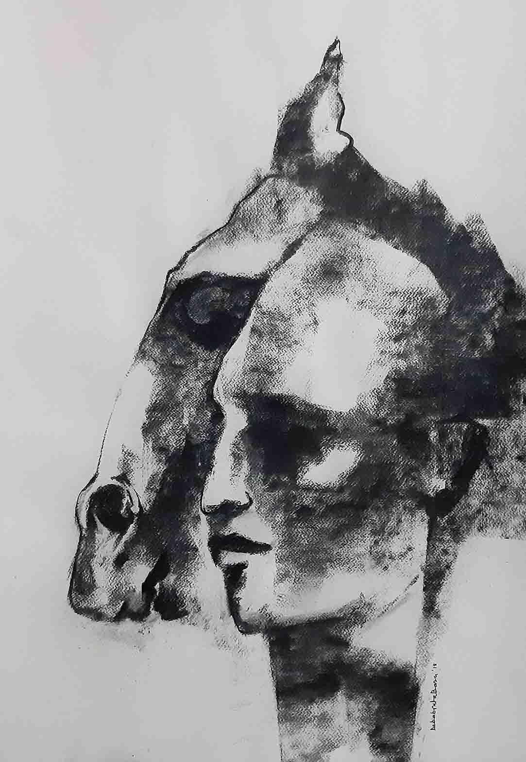 Man and Horse, Charcoal Drawing, Black, White by Indian Artist "In Stock"