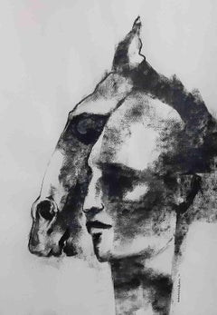 Man and Horse, Charcoal Drawing, Black, White by Indian Artist "In Stock"