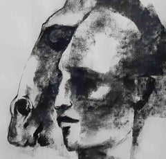 Man and Horse, Charcoal Drawing, Black, White by Indian Artist "In Stock"