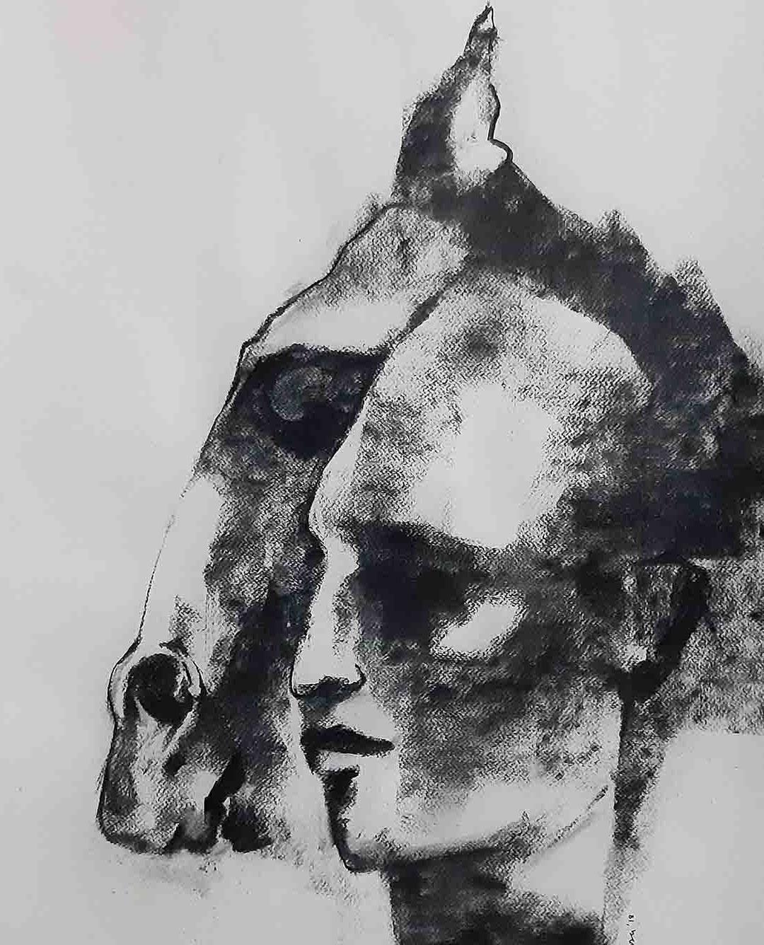 Man and Horse, dessin au fusain, noir et blanc, de l'artiste indien « en stock » - Gris Figurative Art par Debabrata Basu