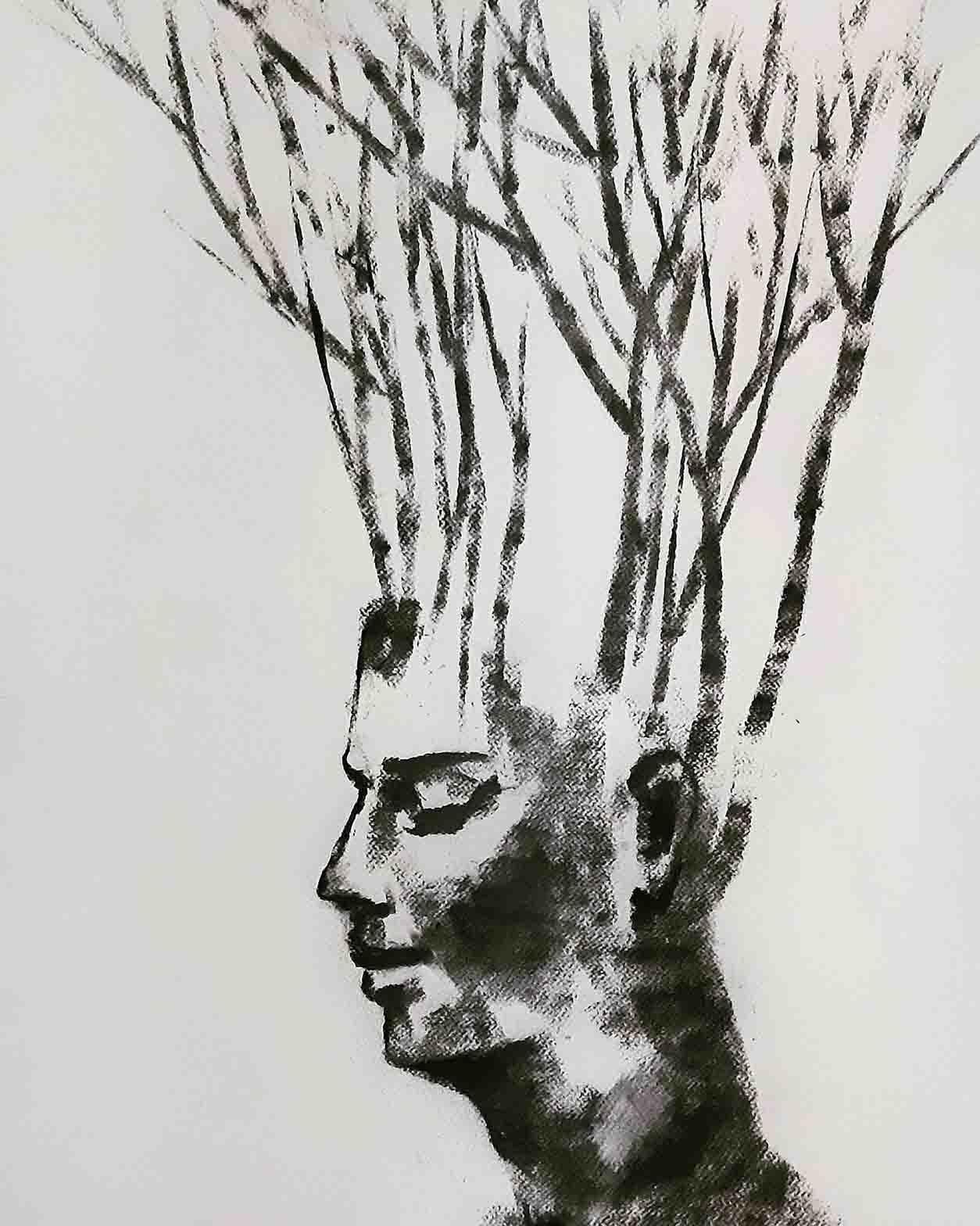 Debabrata Basu Figurative Art - Being one with Nature IV, Man & Environment, Charcoal, Black & White "In Stock"