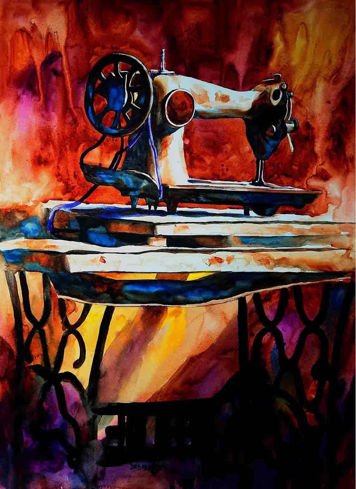 Still-Life Painting Debabrata Basu - Machine à coudre, aquarelle sur papier, rouge, jaune par l'artiste indien « En stock »