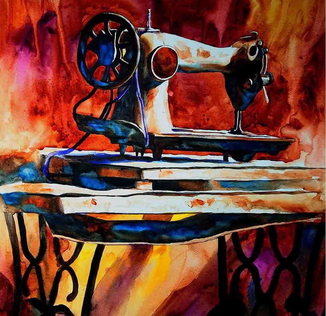 Machine à coudre, aquarelle sur papier, rouge, jaune par l'artiste indien « En stock » - Painting de Debabrata Basu