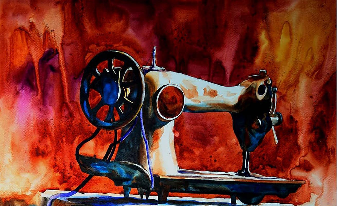 Machine à coudre, aquarelle sur papier, rouge, jaune par l'artiste indien « En stock » - Contemporain Painting par Debabrata Basu