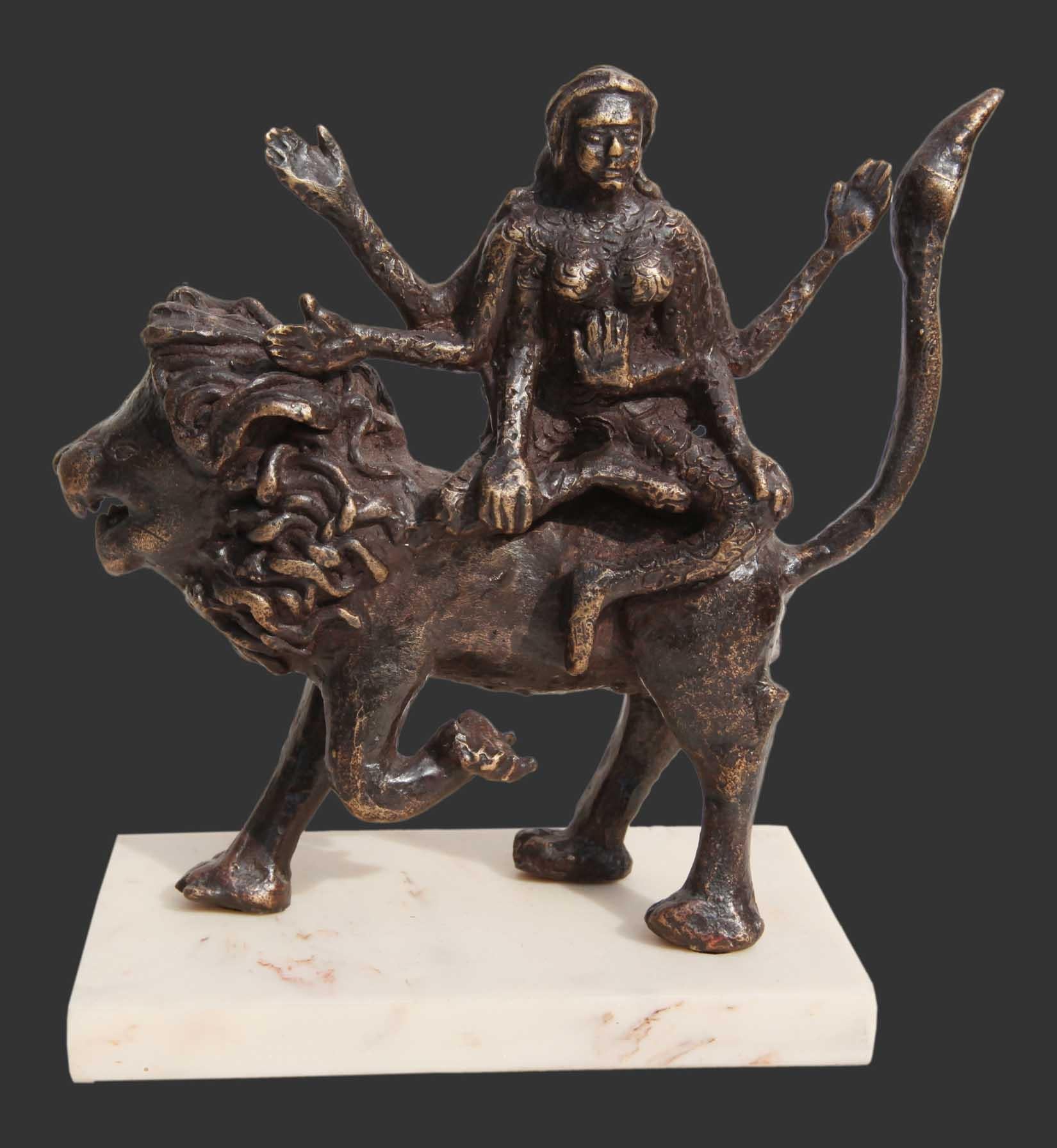 Seema Kohli Figurative Sculpture - Shakti, Hindu Goddess, Lion, Mythology, Bronze Sculpture, Brown "In Stock"