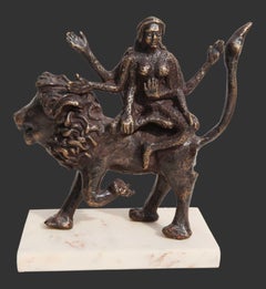 Shakti, Hindu Goddess, Lion, Mythology, Bronze Sculpture, Brown "In Stock"