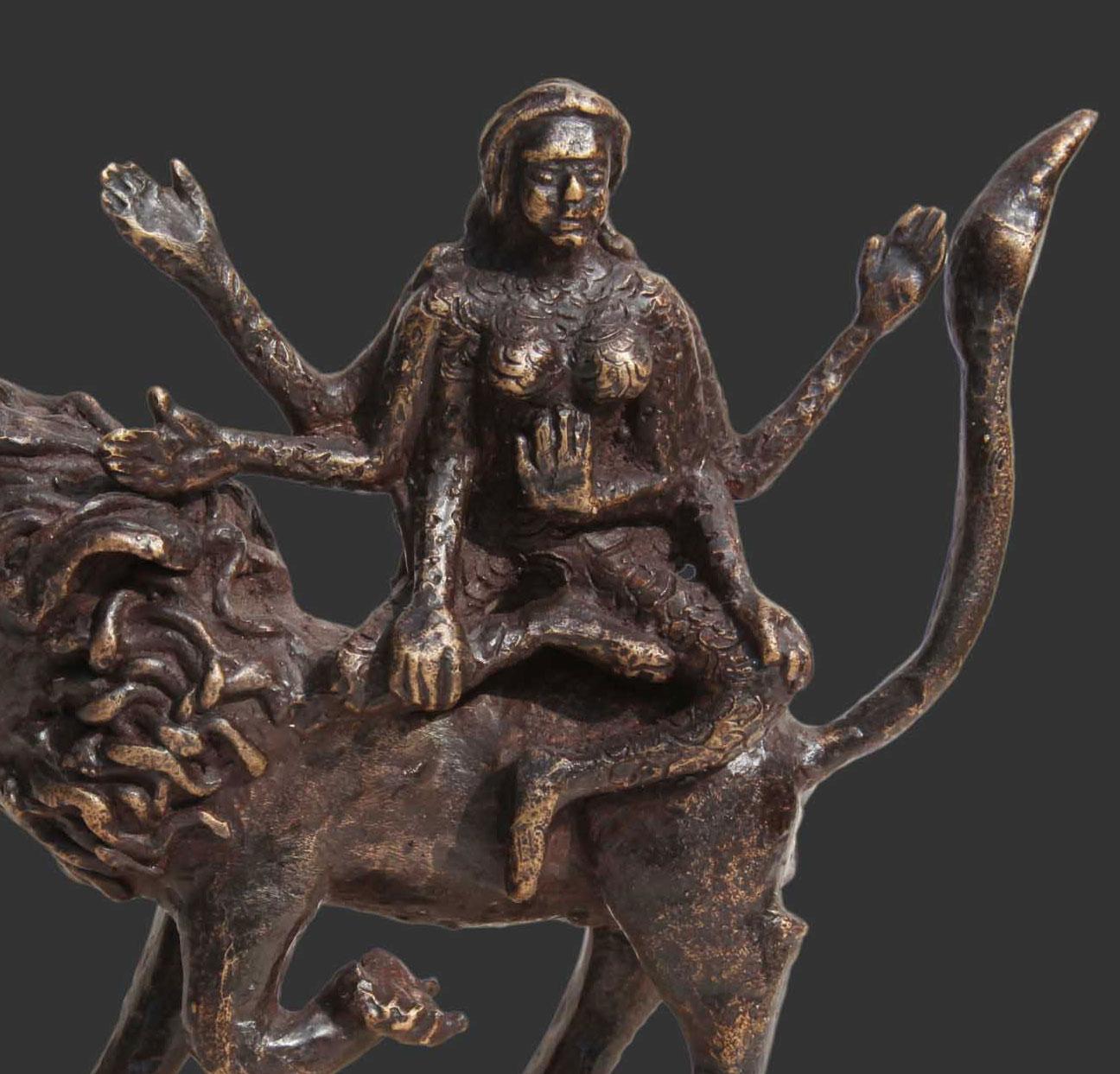 Shakti, Hindu Goddess, Lion, Mythology, Bronze Sculpture, Brown 