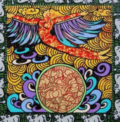 Yoguini, Acrílico, Tinta sobre lienzo, Pan de oro y plata, Rojo, Verde, Violeta "En Stock"