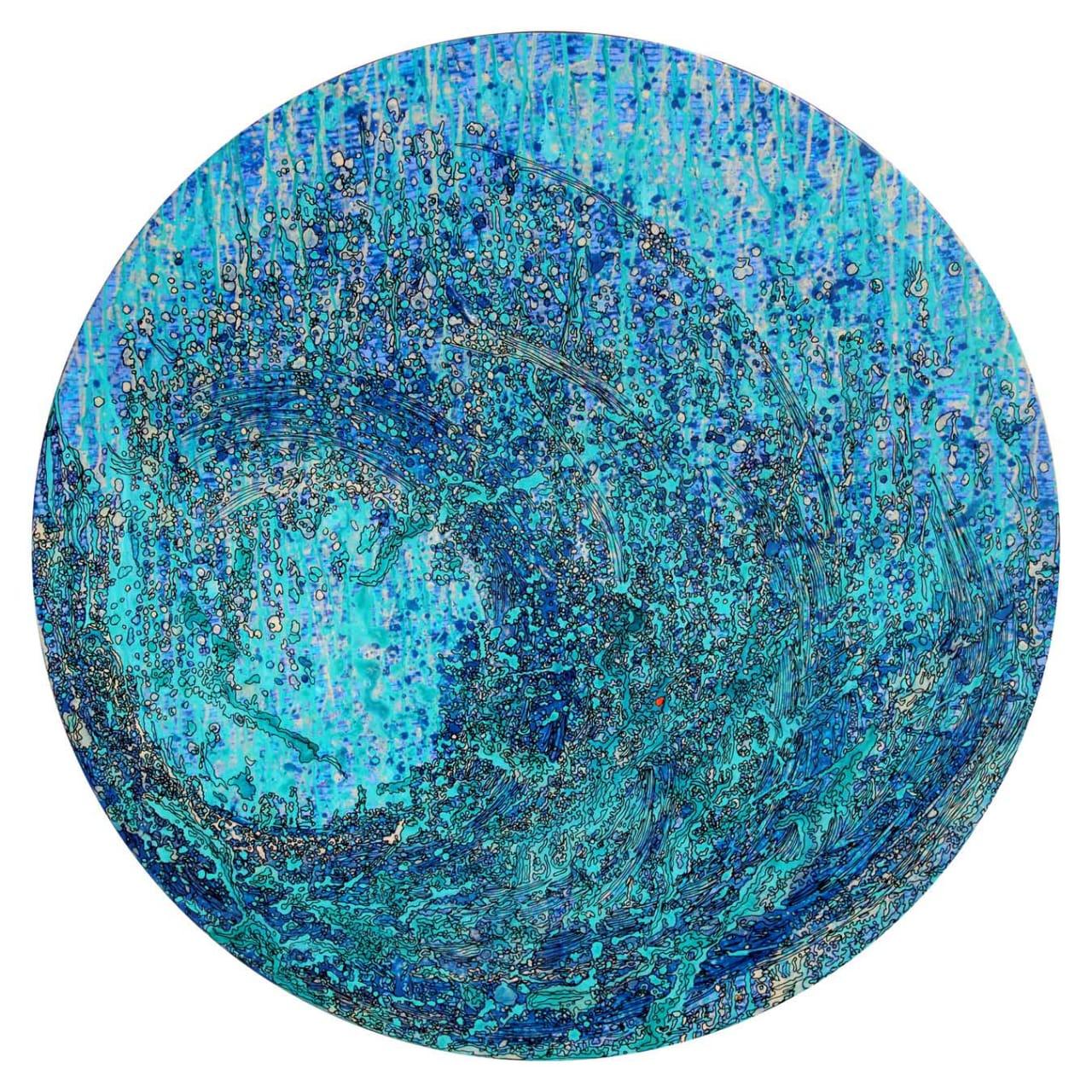 Peinture ronde Jal, acrylique, encre sur toile, feuille d'or et d'argent, bleu « en stock »